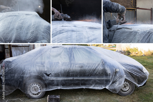 Collage with a broken car covered with a protective film and photos with process of the car roof grinding. Automobile service industry.