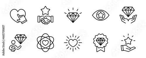 business core values icon set. client management care, love, passion, trust, responsibility, integrity, ethics, empathy, commitment vector outline illustration 