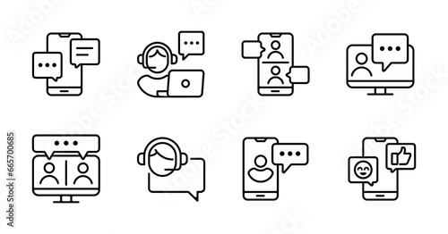 online conference business meeting digital communication icon set remote work office mobile video call vector illustration teamwork discussion symbol outline design