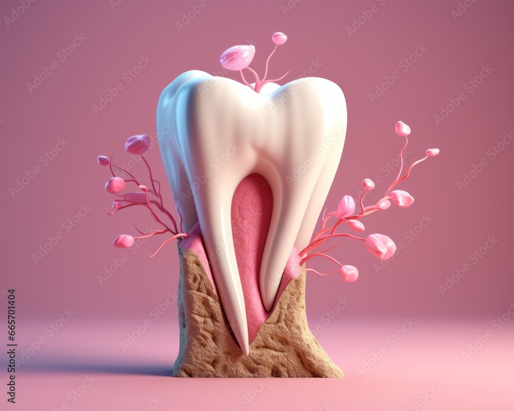 Tooth mascot or character with roots and flowers growing out of it. Minimal humorous concept of toothache, dental care or dental problems joke.. Studio shot Tooth mascot or character with roots and flowers growing out of it. Minimal humorous concept of toothache, dental care or dental problems joke.. Studio shot