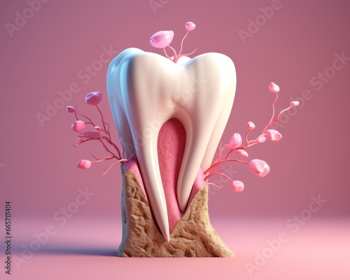 Tooth mascot or character with roots and flowers growing out of it.  Minimal humorous concept of toothache, dental care or dental problems joke.. Studio shot