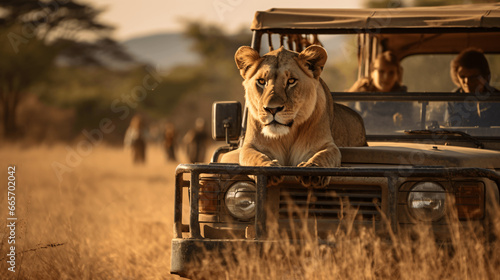 Lioness sitting on safari jeep in Serengeti National Park, Tanzania