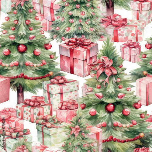 Seamless watercolor pattern for Christmas with Christmas Tree and Gift Box isolated on White Background.
