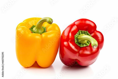 Two bell peppers, a red and a yellow isolated on white background. © Ahasanara