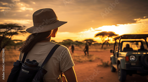 Back view of young woman in safari hat looking at sunset in Tsavo East, Kenya