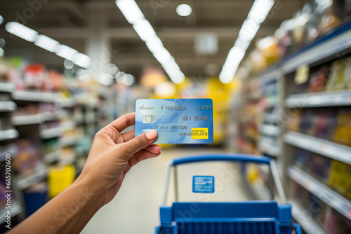 Close up of person holding a credit card in hand, in supermarket
