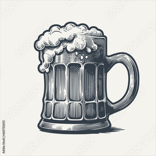 Beer mug with big foam on top. Vintage woodcut engraving style vector illustration.