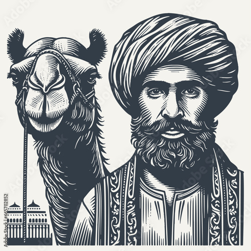 Arabian man with camel on a side. Vintage woodcut engraving style vector illustration isolated on white.