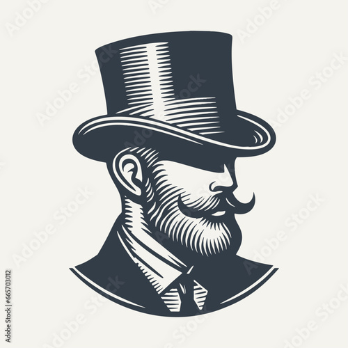 Logo icon of gentleman with hat. Vintage woodcut engraving style vector illustration isolated on white.
