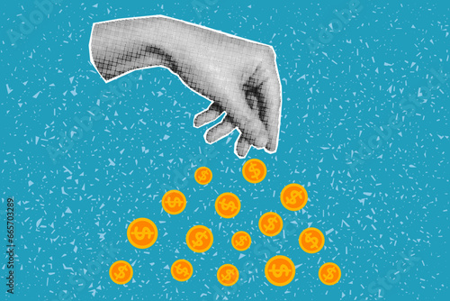 Halftone collage banner, hand gesture of pouring coins. Textured background, trendy retro colors, paper cut elements.