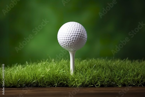 White golf ball on wooden tee with grass. © Ahasanara