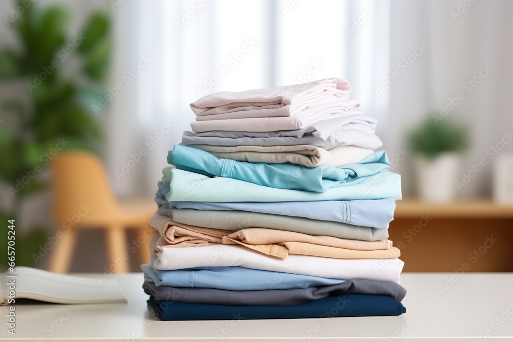 Stack of clean clothes on table in room. - obrazy, fototapety, plakaty 