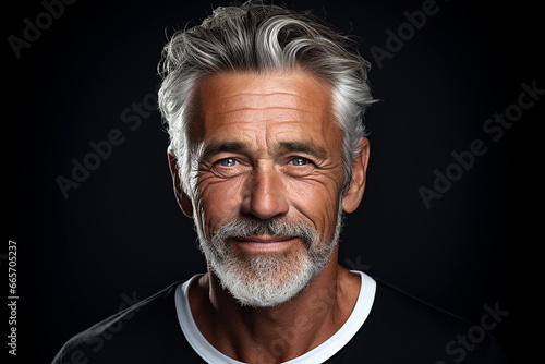 Closeup photo portrait of a handsome old mature man smiling with clean teeth. for a dental ad. guy with fresh stylish hair and beard with strong jawline. isolated on black background