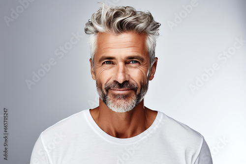 Closeup photo portrait of a handsome old mature man smiling with clean teeth. for a dental ad. guy with fresh stylish hair and beard with strong jawline. isolated on white background