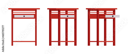 Tall nightstand with storage drawer natural wood red set. Side sofa table, plant, telephone stand, bedside item. Vector flat style cartoon home, office furniture objects isolated on white background