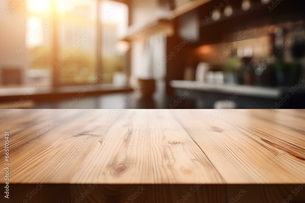 Empty Wooden table with blurred kitchen background