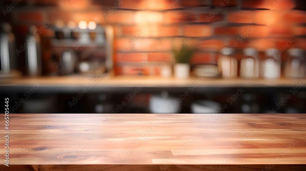 Empty Wooden table with blurred kitchen background