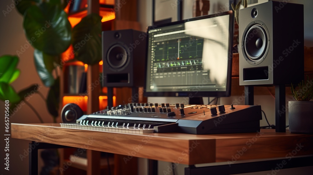 Music studio with wooden desk and monitor speakers, midi keyboards and