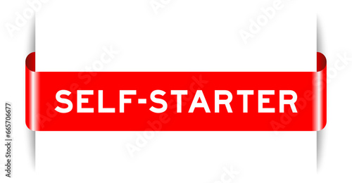 Red color inserted label banner with word self starter on white background