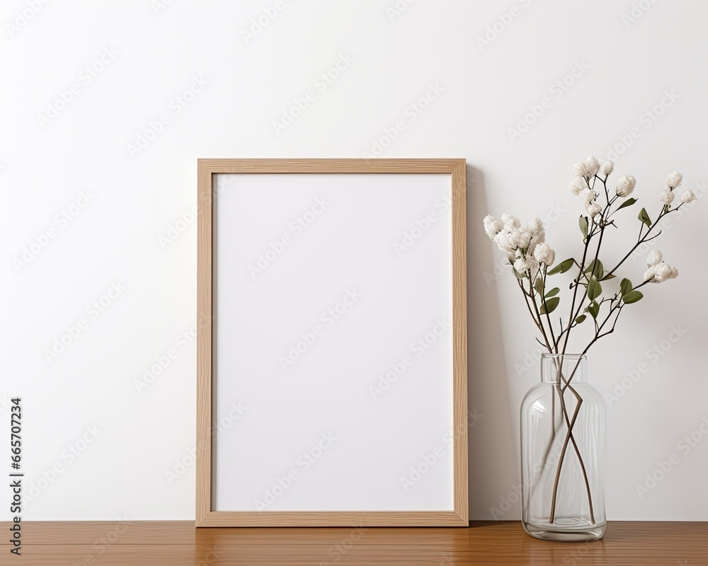 Blank white a wooden frame mockup hanging on the wall. Minimalist style. Mockup template. Generative AI Blank white a wooden frame mockup hanging on the wall. Minimalist style. Mockup template. Generative AI