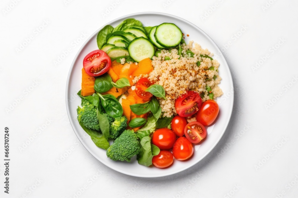 Salad with quinoa, spinach, broccoli, tomatoes, cucumbers and carrots.