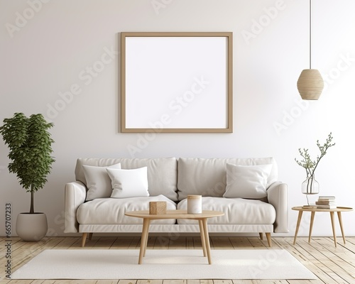 Blank white a wooden frame mockup hanging on the wall. Minimalist style. Mockup template. Generative AI © 7AM