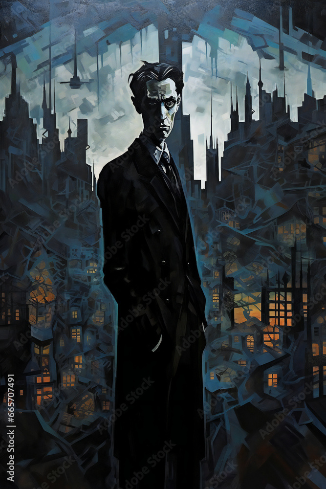 A haunting portrait of a person against a moody gothic backdrop.