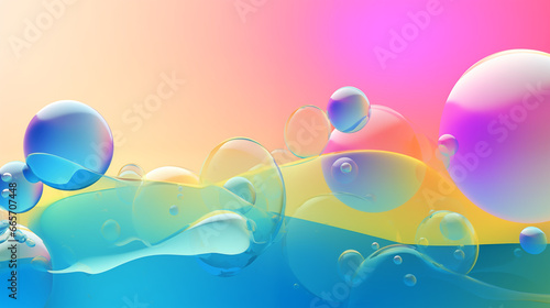 abstract wallpaper background with flying transparent soap bubbles on a colorful background