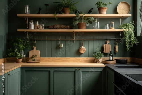 Kitchen with green wall paneling and wooden shelf. Generative AI