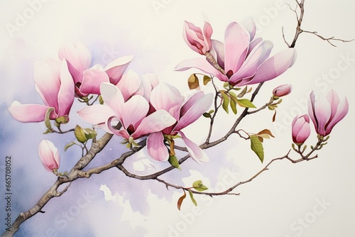 Delicate pink magnolia blossom in watercolor. Generative AI