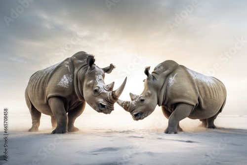 Two Rhinoceros getting ready for fight on Ice. © Ahasanara
