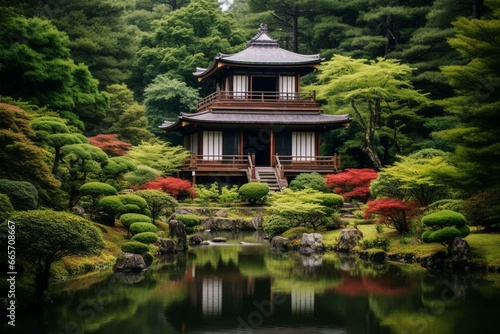A scenic image of a Japanese house amidst serene nature. Generative AI