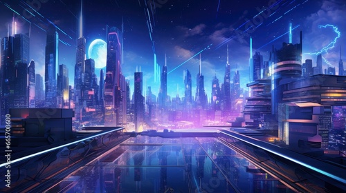  A futuristic  cyberpunk inspired cityscape at night.