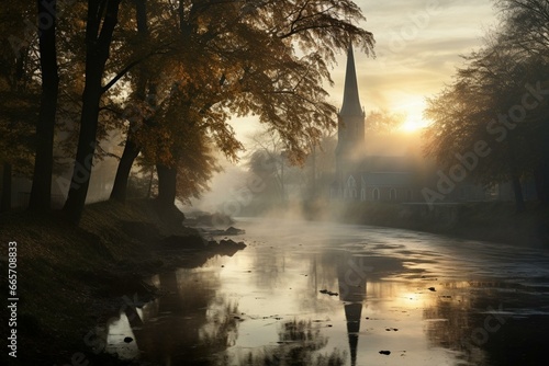 A picture of early morning by the river next to a place of worship. Generative AI © Meliora