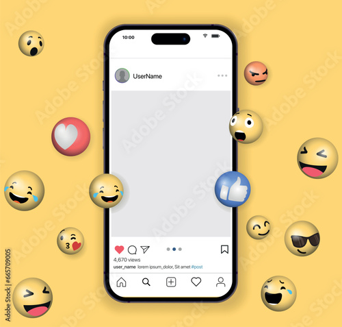 Blank Social network post surrounded with floating elements on blue background. Social network post surrounded with floating elements. Modern minimal design. 3d vector illustration