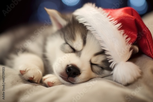 Husky puppy sleeping with santa hat, Pets on Christmas eve, Cute Xmas pet photos for dog parents, 2023 holiday greeting celebration illustration