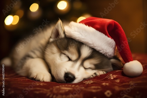 Husky puppy sleeping with santa hat, Pets on Christmas eve, Cute Xmas pet photos for dog parents, 2023 holiday greeting celebration illustration