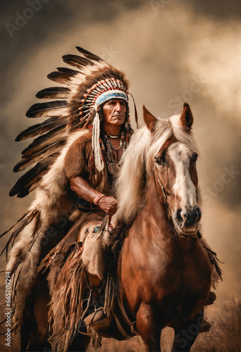 Elderly Indigenous person in traditional headdress riding a horse 