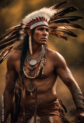 Young Indigenous person in traditional headdress.