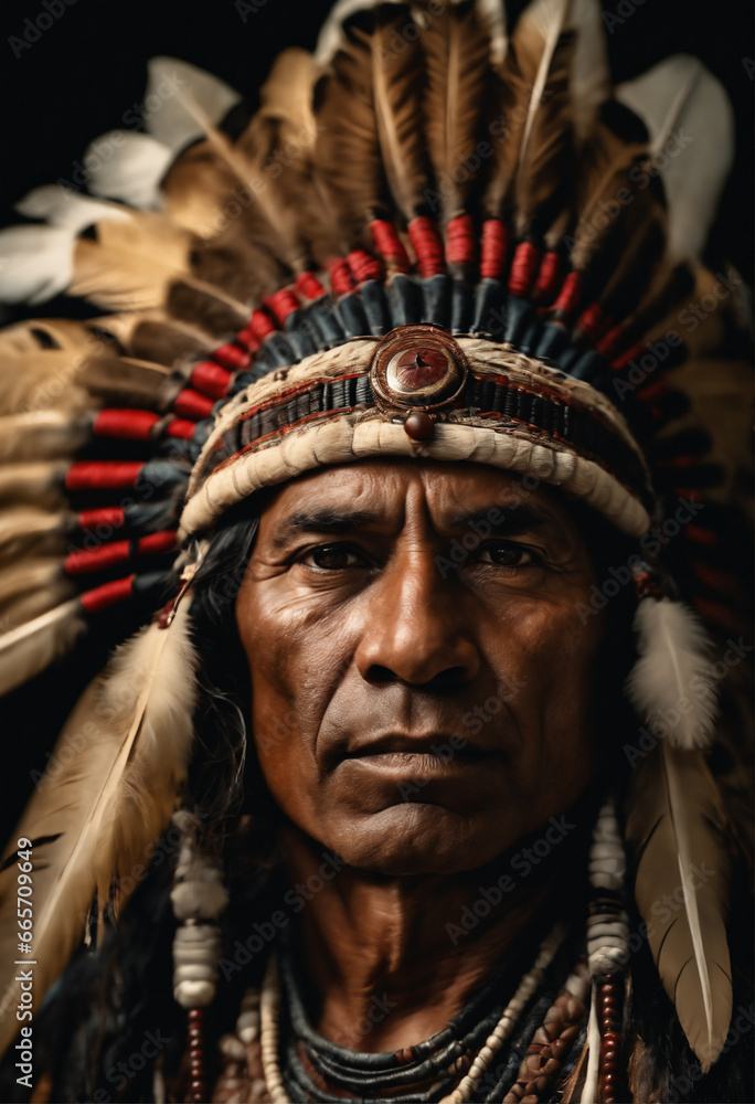Elderly Indigenous person in traditional headdress.