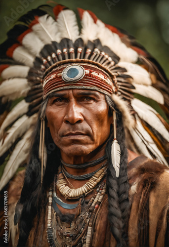 Elderly Indigenous person in traditional headdress.