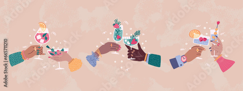 Wine glass. Hands hold alcohol drinks, champagne or martini, Prosecco on holiday party, ice sangria. Different cocktails with fruits and berries, celebration cheers, Vector cartoon beverage