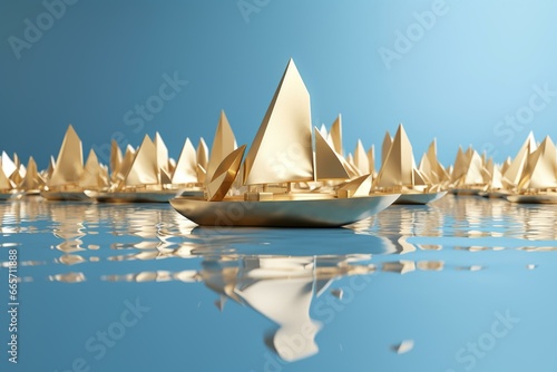 gold boat in front of white boats on blue background. Generative AI