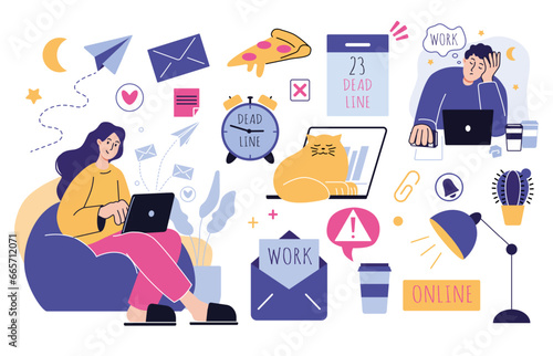 Designer character. Creative business. Happy woman with laptop on armchair. Tired man at table. Computer online work. Freelance people. Remote job. Office elements set. Vector illustration