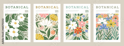 Flower posters. Abstract floral pattern, modern nature wall art graphic, vintage pastel painting. Different hand drawn botanical elements. Contemporary design. Summer spring vector background