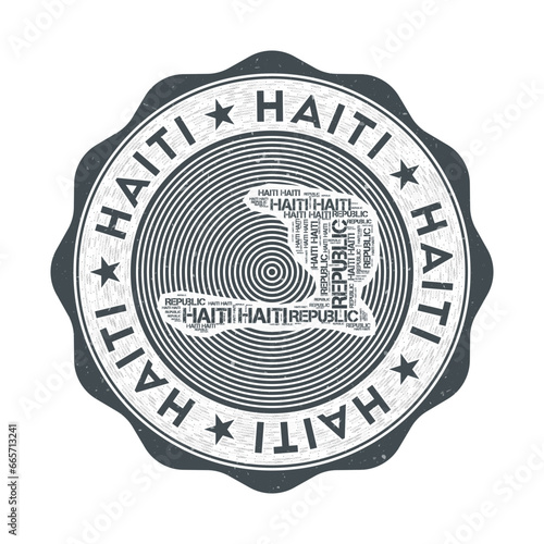 Haiti seal. Country round logo with shape of Haiti and country name in multiple languages wordcloud. Attractive emblem. Stylish vector illustration.