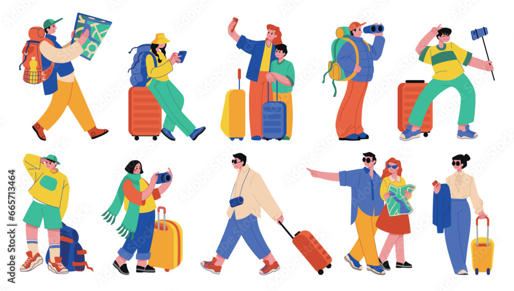 Travel characters. Tourism, walking persons with baggage and backpack, happy woman and man with luggage and phone on excursion or in airport. Cartoon flat style isolated vector set