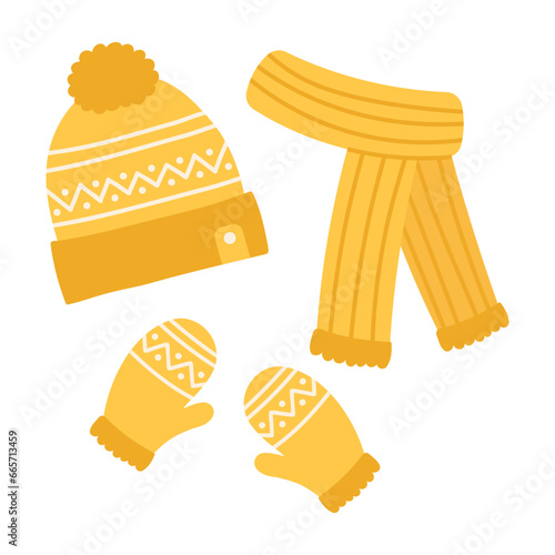 Winter yellow knitted hat with pompoms, scarf and mittens with scandinavian pattern. Cartoon flat vector illustration