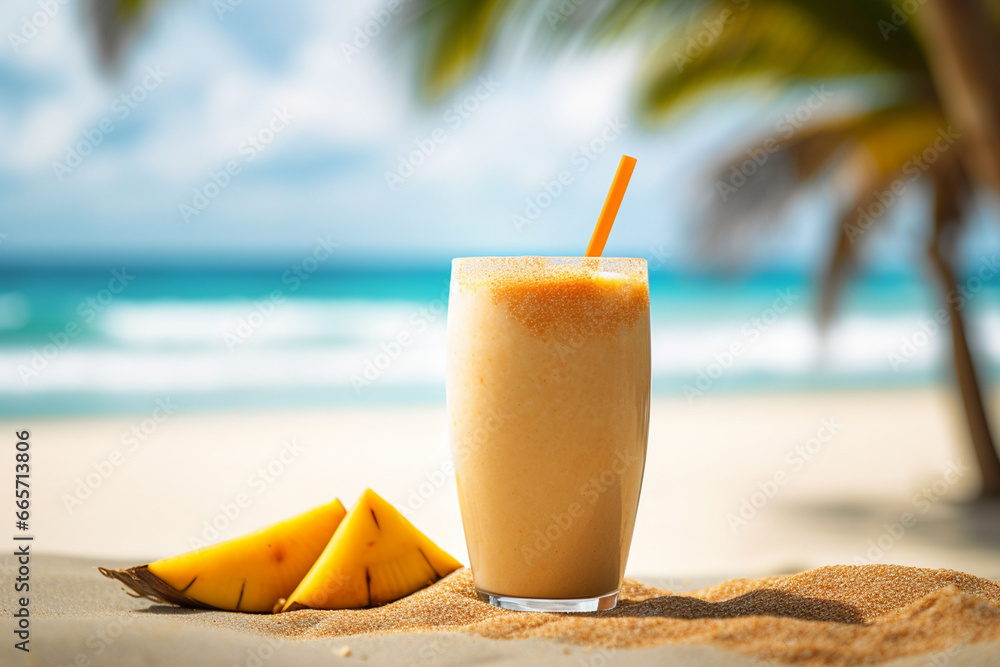 Healthy pineapple smoothie in the sand on a beach