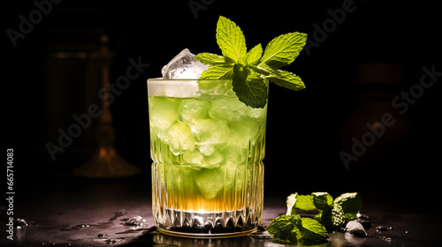 Photos Mint Julep drink with ice and mint decoration, dark background and copy space